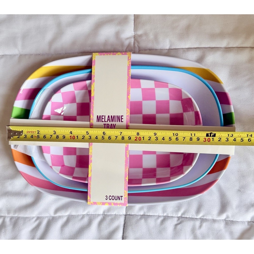 Bright, Fun 3 Melamine Serving Tray Set 3pc Rounded Rectangle Pink Checkered NEW - Picture 2 of 4